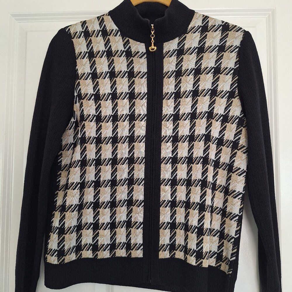 St John Sport Navy Houndstooth Wool Blend Metallic Full Zip Cardigan Sweater P/M